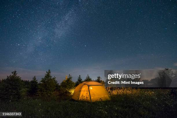 illuminated camping tent under starry sky - camping at night stockfoto's en -beelden