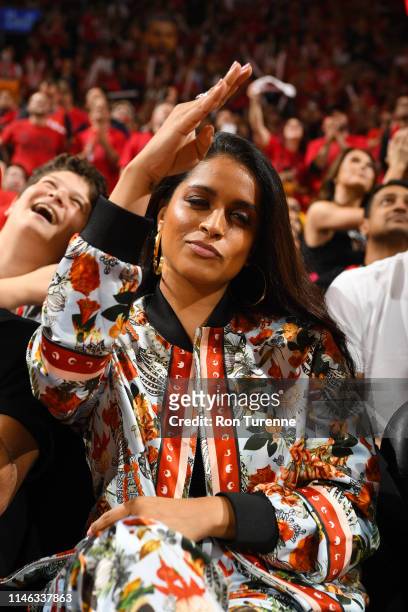 Comedian Lilly Singh is seen during the game between the Milwaukee Bucks and Toronto Raptors during Game Six of the Eastern Conference Finals on May...