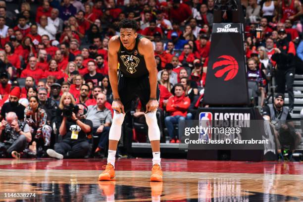 Giannis Antetokounmpo of the Milwaukee Bucks looks on during a game against the Toronto Raptors during Game Six of the Eastern Conference Finals on...