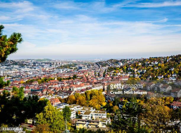 aerial view of stuttgart cityscape, baden wurttemberg, germany - stuttgart stock-fotos und bilder