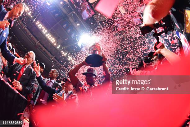 Kyle Lowry of the Toronto Raptors celebrates after a game with the Eastern Conference Championship trophy after a game against the Milwaukee Bucks...