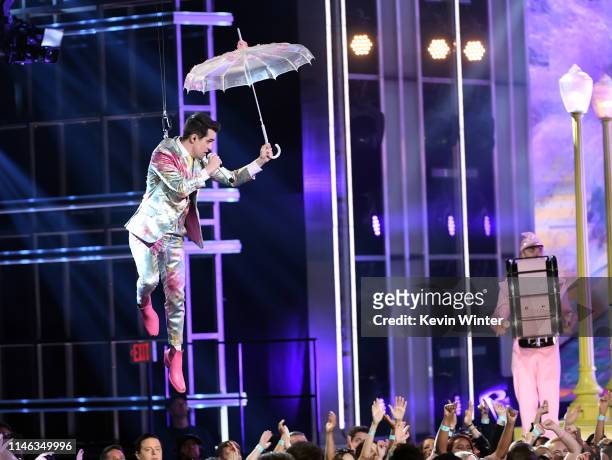 Brendon Urie of Panic! at the Disco performs onstage during the 2019 Billboard Music Awards at MGM Grand Garden Arena on May 01, 2019 in Las Vegas,...