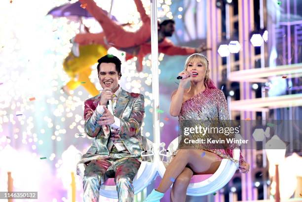 Brendon Urie of Panic! at the Disco and Taylor Swift perform onstage during the 2019 Billboard Music Awards at MGM Grand Garden Arena on May 01, 2019...