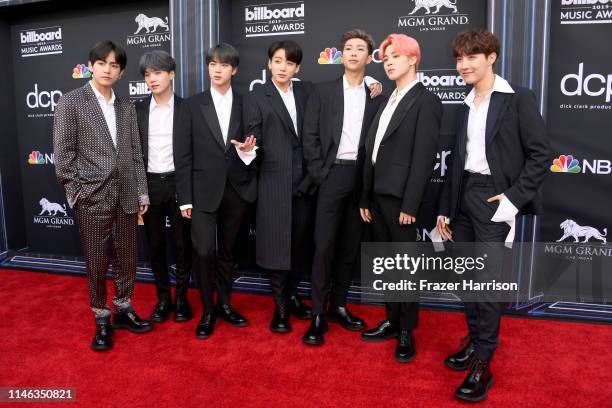 Suga, Jin, Jungkook, RM, Jimin and J-Hope of BTS attends the 2019 Billboard Music Awards at MGM Grand Garden Arena on May 01, 2019 in Las Vegas,...