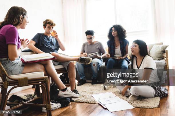 gruppo di adolescenti che studiano a casa - small group of people foto e immagini stock