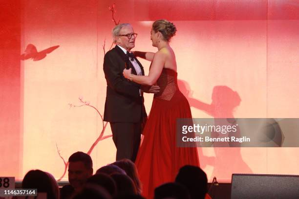 Tom Brokaw and Katharina Harf speak onstage during the 2019 DKMS Gala at Cipriani Wall Street on May 01, 2019 in New York City.