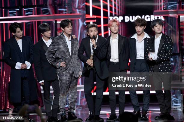 Jimin, Jungkook, J-Hope, Suga, Jin, RM, and V of BTS accept the Top Duo/Group award onstage during the 2019 Billboard Music Awards at MGM Grand...
