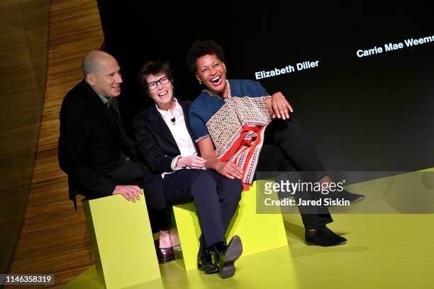 Michael Rock, Elizabeth Diller and Carrie Mae Weems attend the Prada Invites New York Cocktail event at Prada Broadway Epicenter on May 01, 2019 in...
