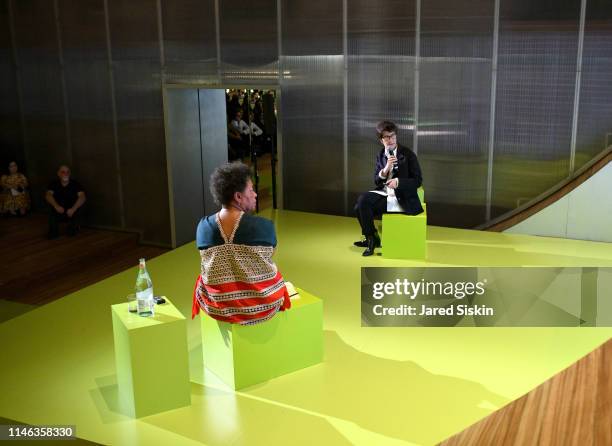 Carrie Mae Weems and architect Elizabeth Diller speak onstage during the Prada Invites New York Cocktail event at Prada Broadway Epicenter on May 01,...