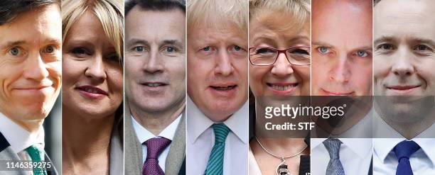 Combination of pictures created in London on May 26, 2019 shows recent pictures of the contenders declared as of May 26 to replace Britain's Prime...