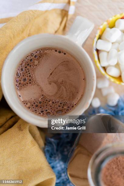 view directly above hot chocolate and marshmallows - hot chocolate stock pictures, royalty-free photos & images