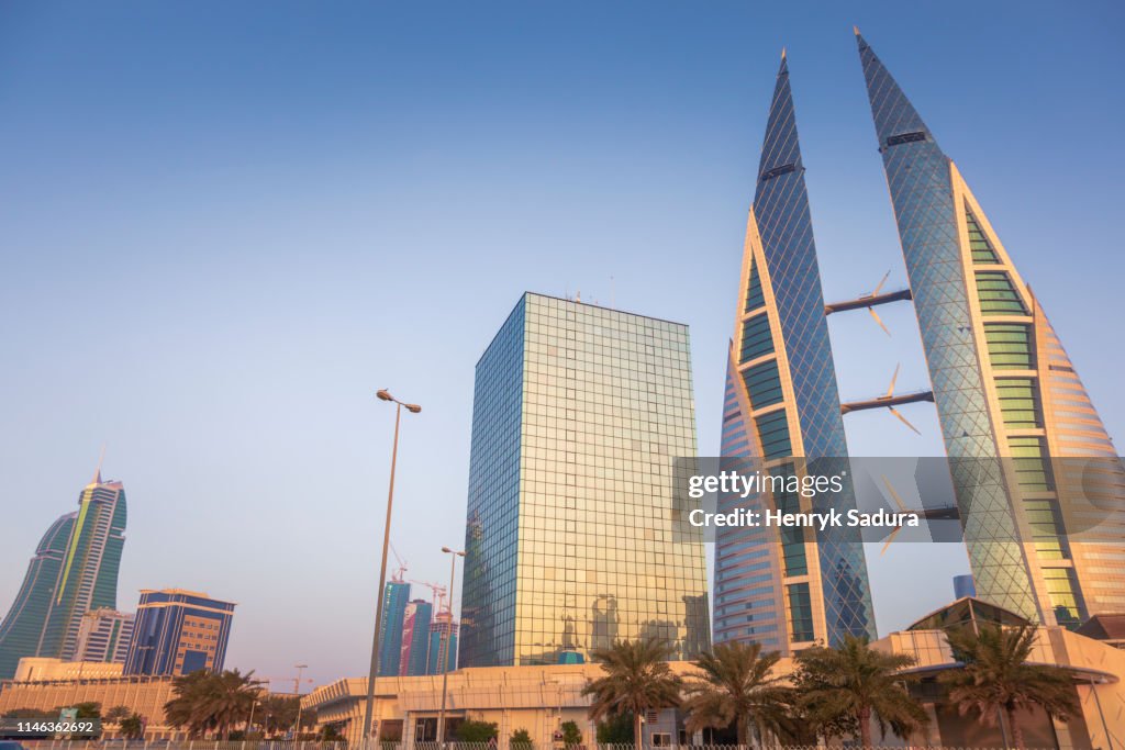 Low angle view of Bahrain World Trade Center in Manama, Bahrain