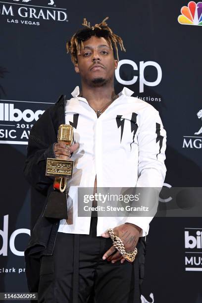 Juice Wrld poses with the award for Best New Artist in the press room during the 2019 Billboard Music Awards at MGM Grand Garden Arena on May 01,...