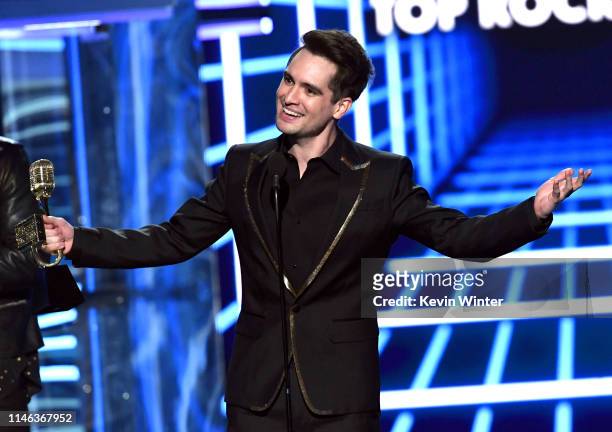 Brendon Urie of Panic! at the Disco accepts the Top Rock Song award for 'High Hopes' onstage during the 2019 Billboard Music Awards at MGM Grand...