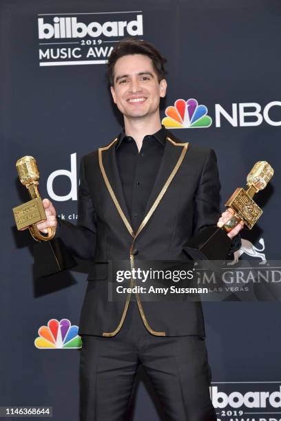 Brendon Urie of Panic! at the Disco poses with the award for Top Rock Song for "High Hopes" in the press room during the 2019 Billboard Music Awards...