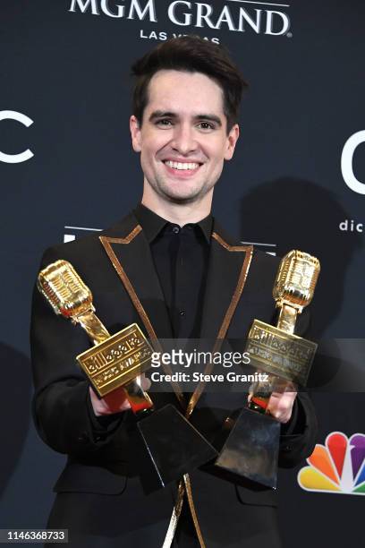 Brendon Urie of Panic! at the Disco poses with the award for Top Rock Song for "High Hopes" in the press room during the 2019 Billboard Music Awards...