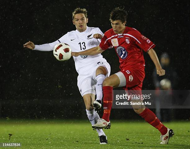 David Mulligan of the All Whites and Tim Payne of Waitakere compete for the ball during the friendly match between the New Zealand All Whites and...