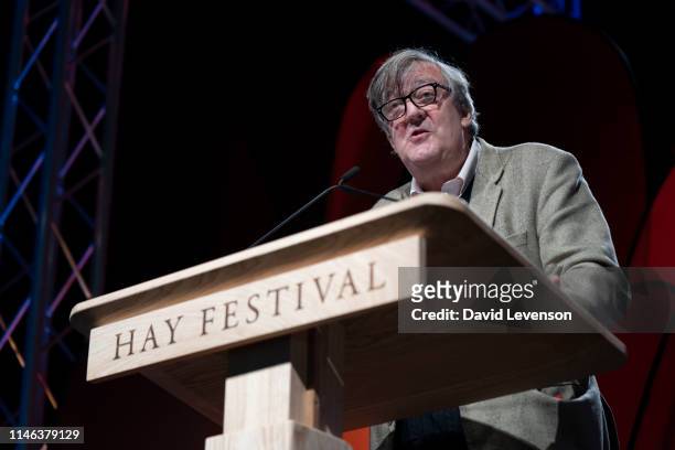 Stephen Fry, comedian, actor and writer, during the 2019 Hay Festival on May 26, 2019 in Hay-on-Wye, Wales.