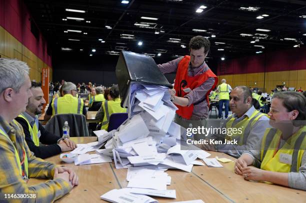 Counting of votes for the European election gets under way at the Edinburgh International Conference Centre, on May 26, 2019 in Edinburgh, Scotland,...