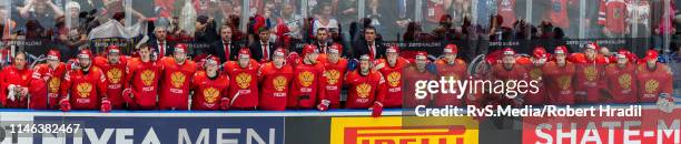 Team Russia looks on during penalty shootouts during the 2019 IIHF Ice Hockey World Championship Slovakia third place play-off game between Russia...