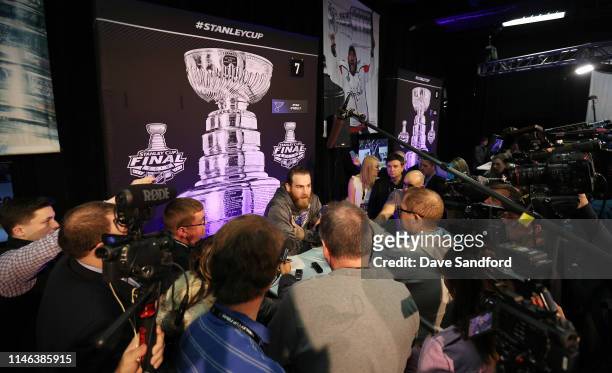 Ryan O'Reilly of the St. Louis Blues speaks during media day ahead of the 2019 Stanley Cup Final at TD Garden on May 26, 2019 in Boston,...