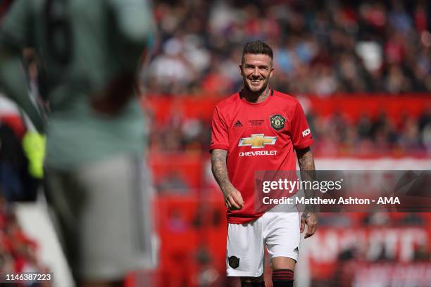 David Beckham of Manchester United '99 Legends during the Manchester United '99 Legends v FC Bayern Legends match at Old Trafford on May 26, 2019 in...