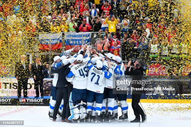 Team Finland celebrate winning World Championship after the 2019 IIHF Ice Hockey World Championship Slovakia final game between Canada and Finland at...