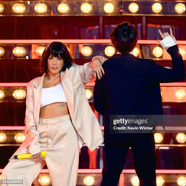 Halsey performs with BTS onstage during the 2019 Billboard Music Awards at MGM Grand Garden Arena on May 01, 2019 in Las Vegas, Nevada.