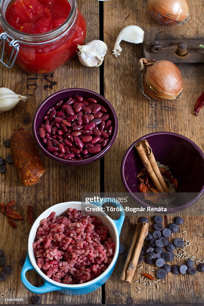 Ingredients of chilli con carne