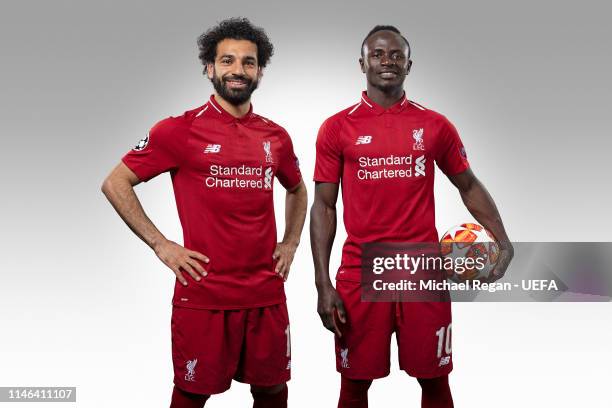 Mohamed Salah and Sadio Mane at Melwood Training Ground on May 14, 2019 in Liverpool, England.