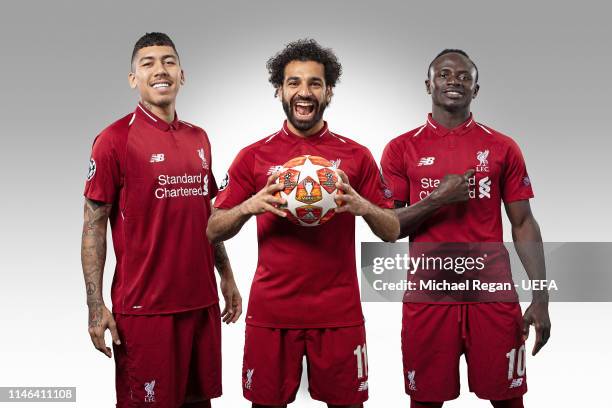 Roberto Firmino, Mohamed Salah and Sadio Mane at Melwood Training Ground on May 14, 2019 in Liverpool, England.