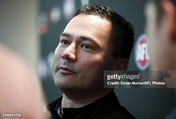 Peter Bell, Football Operations Manager for the Fremantle Dockers, speaks to the media during the 2019 NAB AFL Mid-Season Rookie Draft at AFL House...