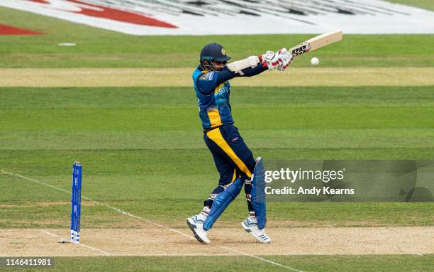 Lahiru Thirimanne of Sri Lanka pulls the ball to the leg side during the ICC Cricket World Cup 2019 Warm Up match between Australia and Sri Lanka at...