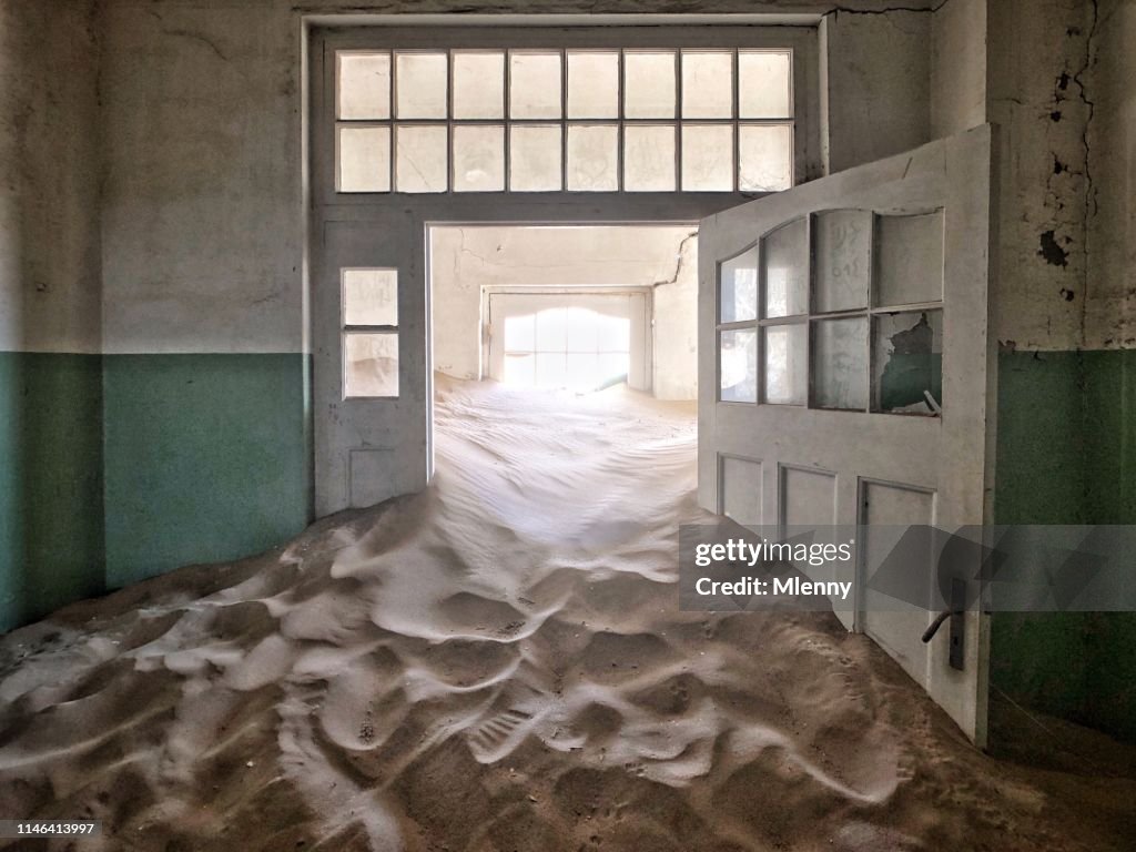 Namibia Ghost Town Abandoned Hospital Corridor Full of Sand