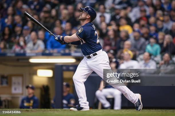 Travis Shaw of the Milwaukee Brewers flies out in the first inning against the Colorado Rockies at Miller Park on May 01, 2019 in Milwaukee,...