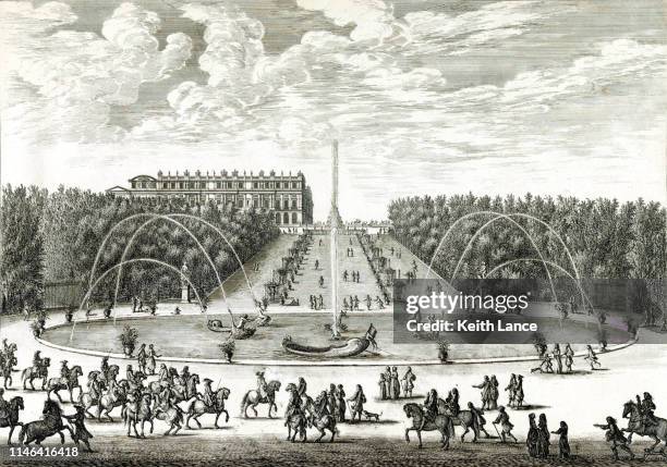 the dragon fountain at the palace of versailles - french landscape stock illustrations