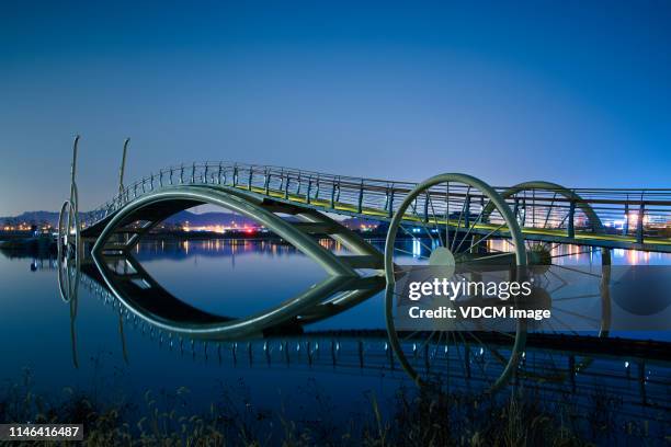 night view of bicycle bridge in siheung, gyeonggi province  kvd702 - korea landmark stock pictures, royalty-free photos & images