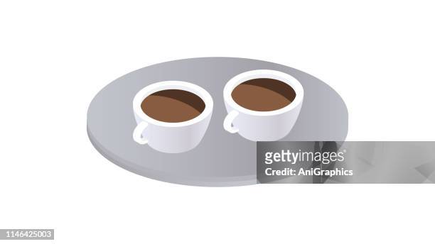 two white cups of coffee icon - couple having coffee stock illustrations
