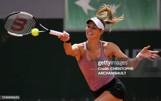 Luxembourg's Mandy Minella plays a forehand return to Russia's Anastasia Pavlyuchenkova during their women's singles first round match on day two of...