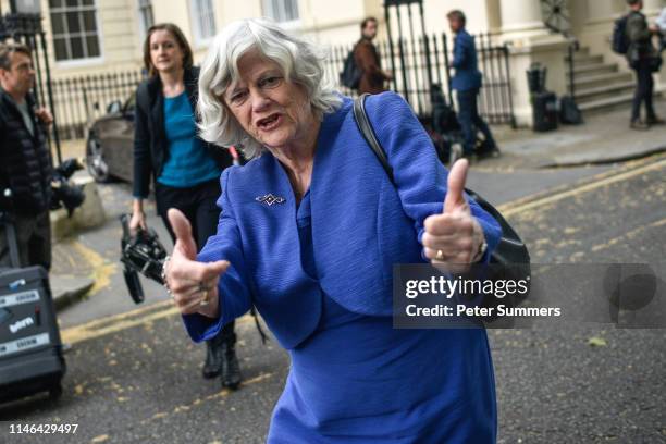 Newly elected Brexit Party MEP Ann Widdecombe gestures towards the camera as she arrives at a Brexit Party event on May 27, 2019 in London, England....