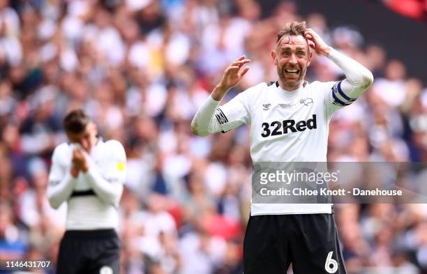 Richard Keogh of Derby County reacts after losing the Sky Bet Championship Play-Off Final match between Aston Villa and Derby County at Wembley...