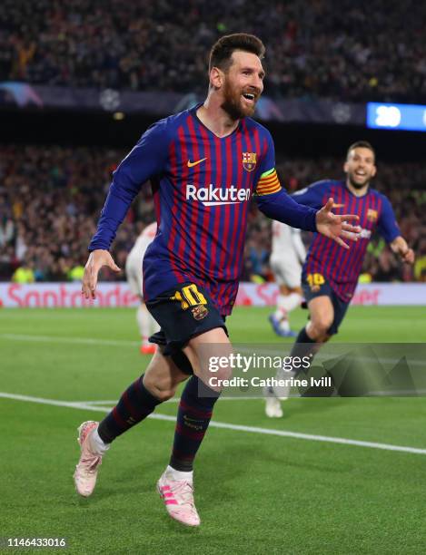 Lionel Messi of Barcelona celebrates during the UEFA Champions League Semi Final first leg match between Barcelona and Liverpool at the Nou Camp on...