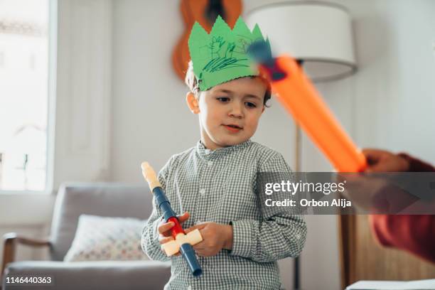 boys posing with hand made crown - happy birthday crown stock pictures, royalty-free photos & images