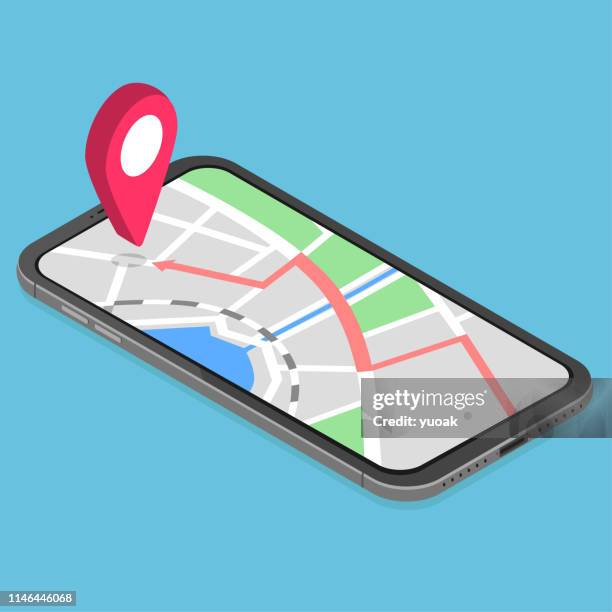3d isometric mobile gps navigation concept - intersection traffic lights stock illustrations