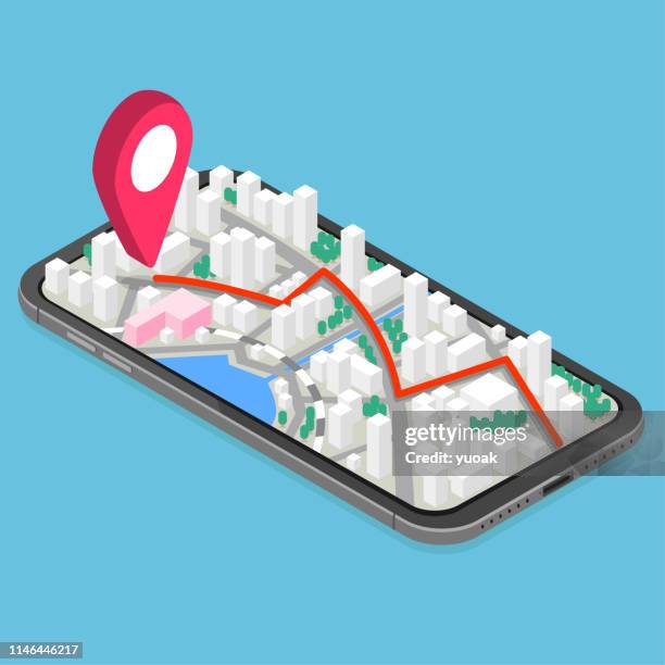 illustrazioni stock, clip art, cartoni animati e icone di tendenza di concetto di navigazione gps mobile isometrica 3d - street map