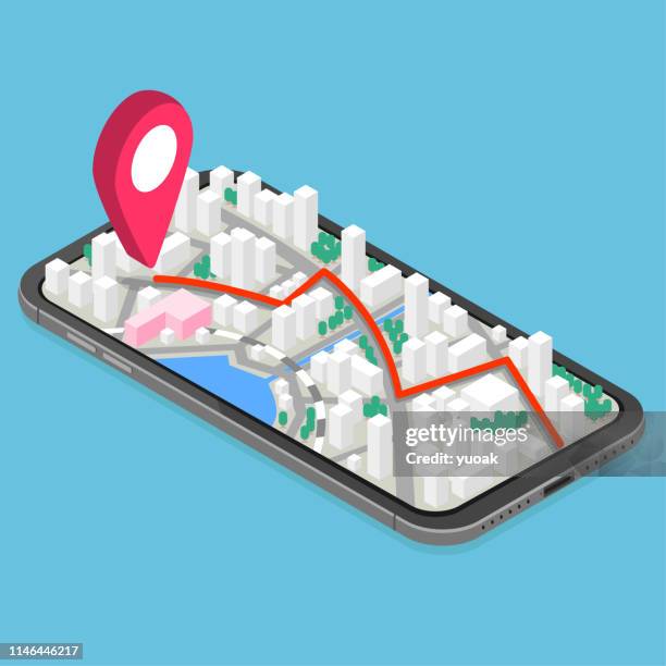 stockillustraties, clipart, cartoons en iconen met 3d isometrische mobiele gps navigatie concept - data driven