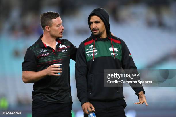 Damien Cook of the Rabbitohs and Cody Walker of the Rabbitohs talk before the round eight NRL match between the South Sydney Rabbitohs and the...