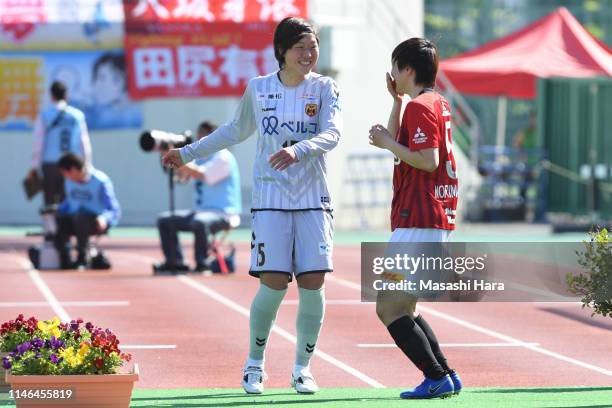 Hisui Haza of INAC Kobe Leonessa and Ruka Norimatsu of Urawa Reds Ladies look on during the Nadeshiko League Division 1 match between Urawa Red...