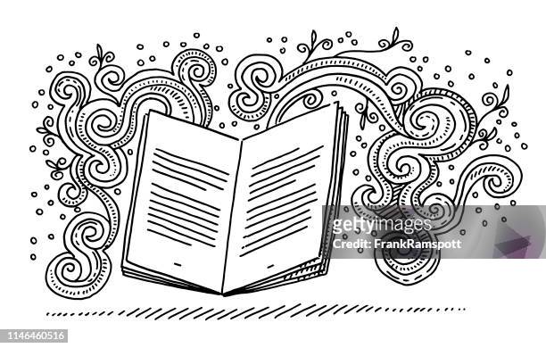 illustrazioni stock, clip art, cartoni animati e icone di tendenza di open book storytelling fantasy doodle disegno - libro aperto