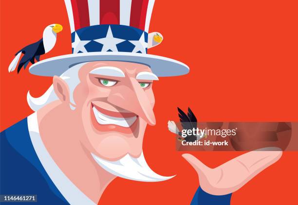 uncle sam presenting with bald eagles - bald eagle head stock illustrations
